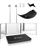 JUSRON 3 Way Mirror for Hair Cutting, 360 Mirror with Height Adjustable Hooks for Door, Bathroom, Portable Trifold Shaving Barber Mirror for Makeup, Cut, Trim, Shave Gift (Black with LED)