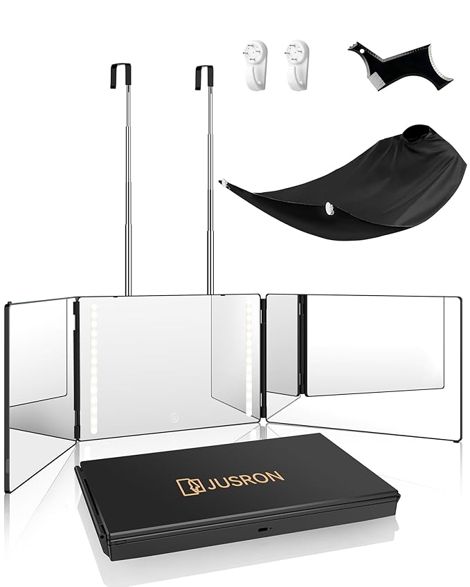 JUSRON 3 Way Mirror for Hair Cutting, 360 Mirror with Height Adjustable Hooks for Door, Bathroom, Portable Trifold Shaving Barber Mirror for Makeup, Cut, Trim, Shave Gift (Black with LED)