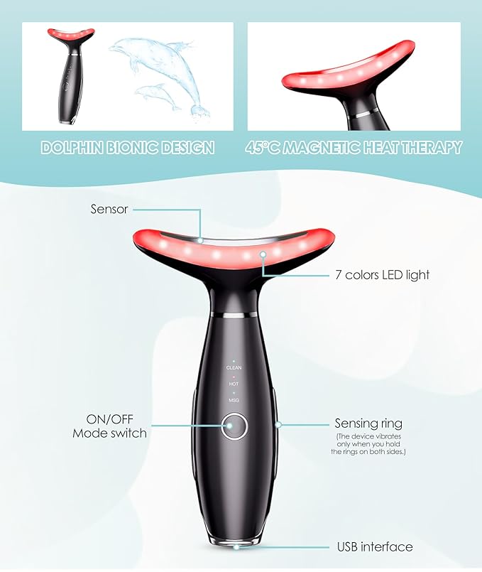 Jobazok 7 Color Neck Face Massager - Facial Massager Tool for Skin Care at Home, Vibrating Face Massager with Thermals, Galvanic Machines Black