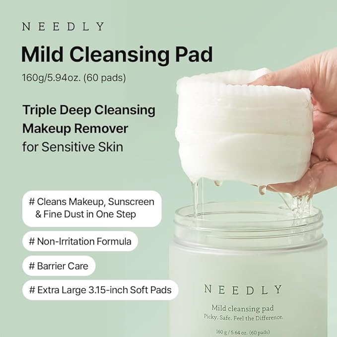 NEEDLY Mild Cleansing Pad, Makeup Remover for Sensitive Skin (60 Pads), Triple Deep Cleansing, Barrier Care with Only Two Surfactants & Panthenol, Extra-Large Soft Vegan Pad, Korean Skincare