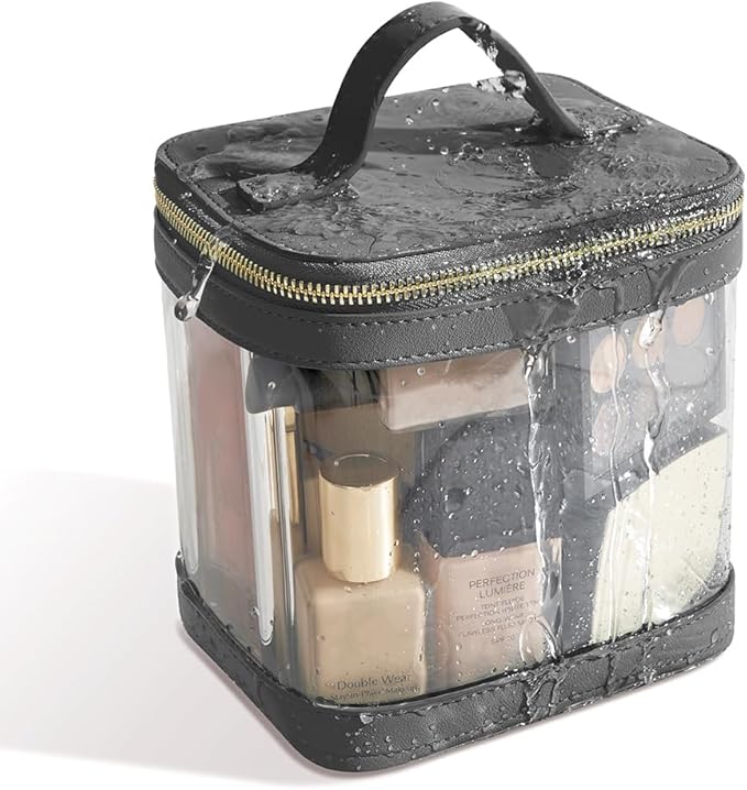 ROWNYEON Clear Makeup Bag, Travel Toiletry Bag Transparent Cosmetic Case with Zipper, Portable Make Up Organizer Clear Car Bag for Essentials with Handle (Black)