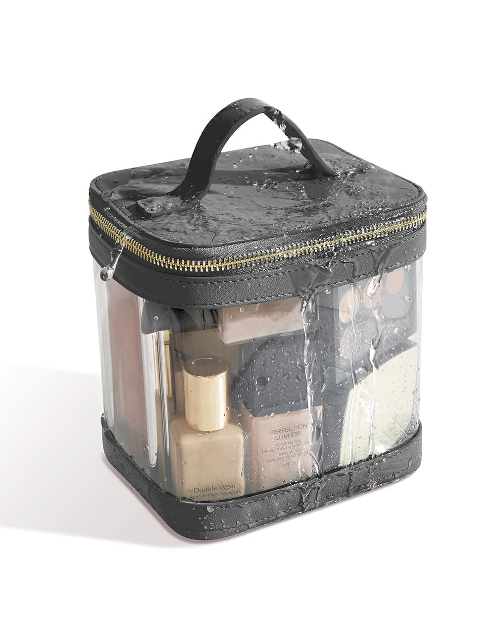 ROWNYEON Clear Makeup Bag, Travel Toiletry Bag Transparent Cosmetic Case with Zipper, Portable Make Up Organizer Clear Car Bag for Essentials with Handle (Black)