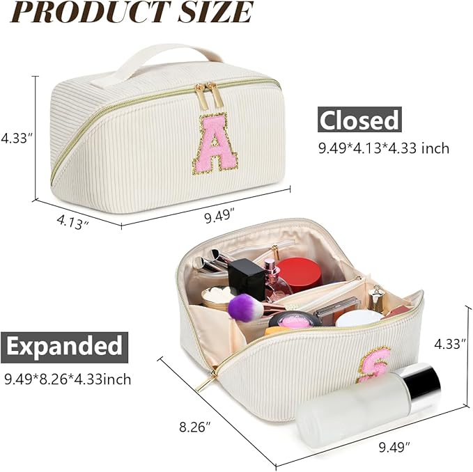 Personalized Initial Makeup Bag,Christmas Gifts for Girl,Preppy Bag Cosmetic Travel Bag Women,Travel Toiletry Organizer,Large Capacity Corduroy Stuff Bag,Cute Cosmetic Pouch Skincare Bag-J