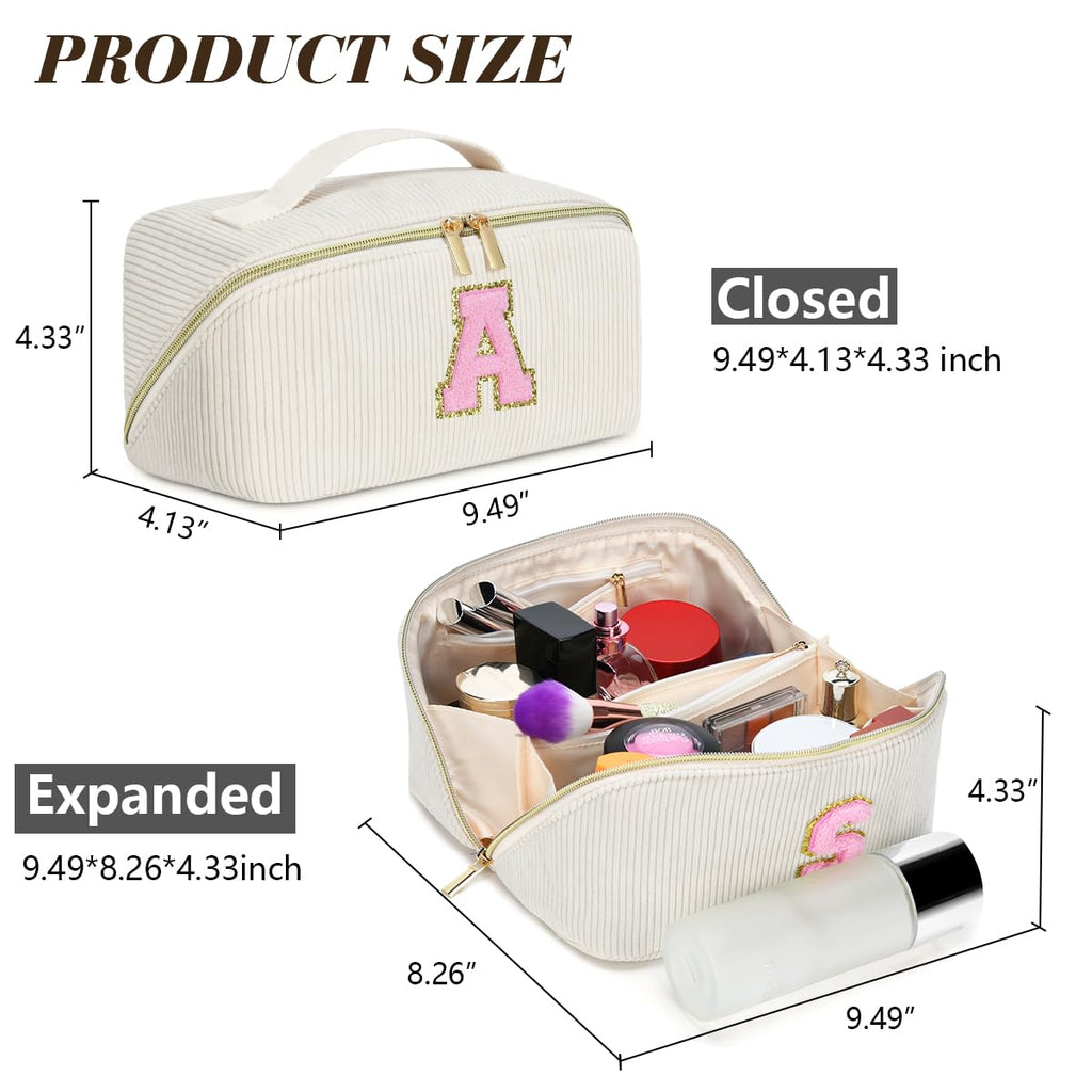 DTBG Personalized Initial Makeup Bag, Valentine's Day Gifts for Girls,Preppy Bag Cosmetic Travel Bag Women,Travel Toiletry Organizer,Large Capacity Corduroy Stuff Bag,Cute Cosmetic Pouch Skincare Bag