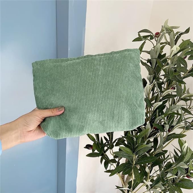 Flat Makeup Bag for Women,Zipper Cosmetic Pouch for Purse,Corduroy Green