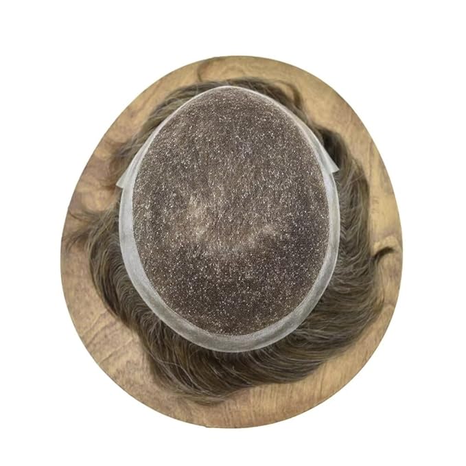 F M FACE MIRACLE NEW YORK Mens Toupee Human Hair Piece French Lace Toupee for Man Hair System Indian Human Hair Replacement Systems V-Looped PU Front Hairpieces 7"X9" #630 Light Brown with 30% Gray