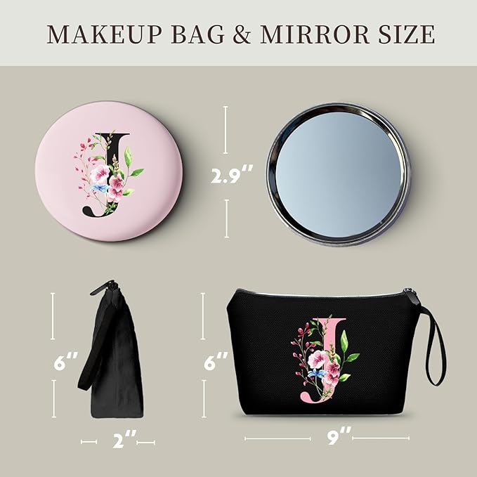 A-Z Personalized Makeup Bag with Mirror, Birthday Gifts for Women, Friend,J