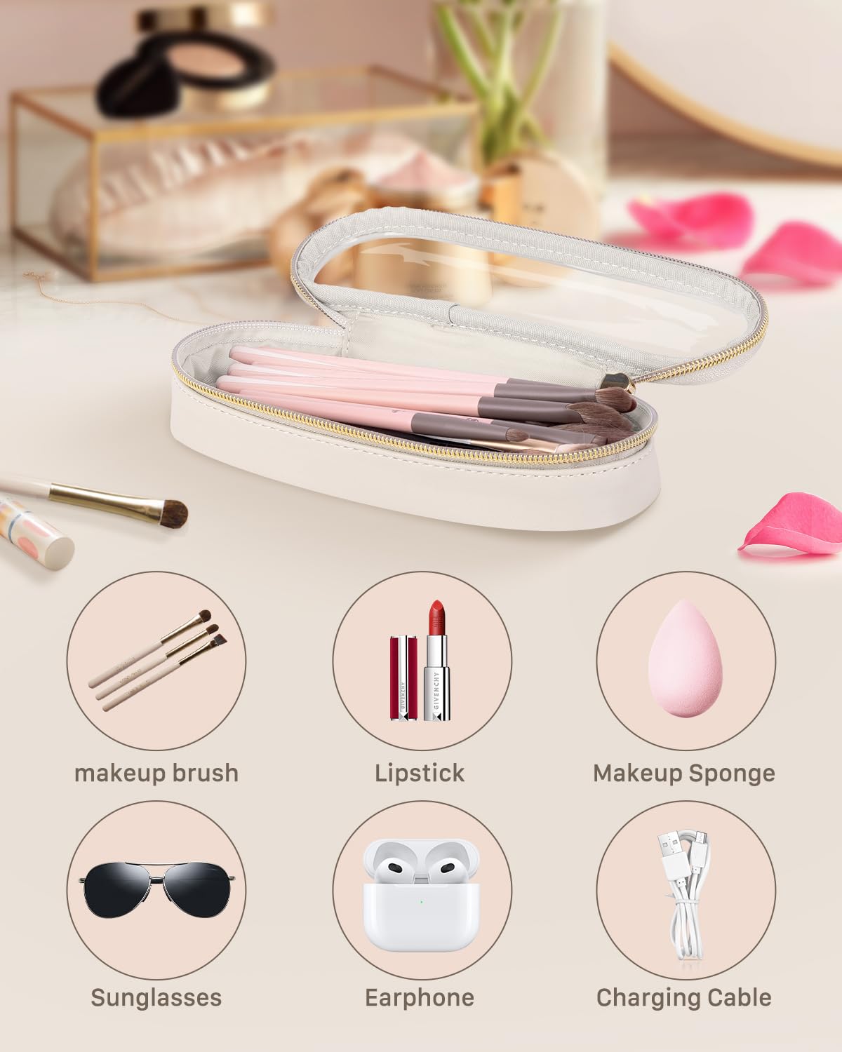 Soimeat Clear Travel Makeup Brush Holder, Leather Makeup Brush Toiletry Bag, Portable Cosmetic Brush Case, Transparent Waterproof Makeup Brush Storage Bag, White, Large