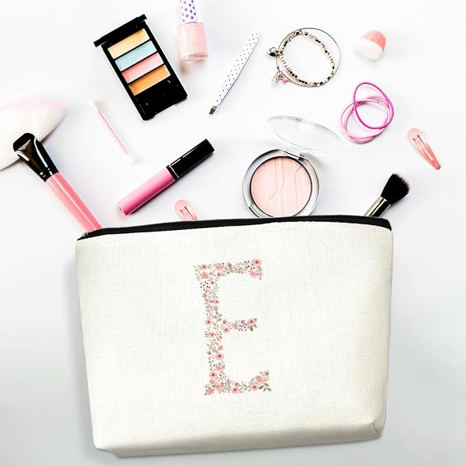 Initial Makeup Bag Floral E Personalized Cosmetic Bag Monogrammed Gifts for Women Girls Bride Daughter Monogram Zipper Pouch for Teacher Appreciation Mothers Day Birthday Wedding Bridal Shower Gifts