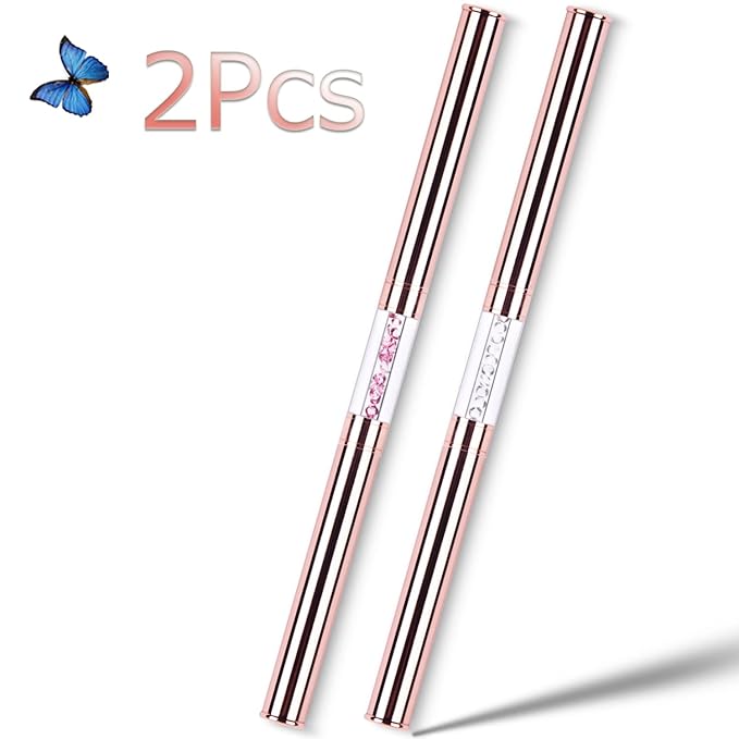 Ycyan 2Pcs Dual-ended UV Gel Nail Brush Set Rhinestone Handle Nail Art Design Brushes Professional Nail Tools Rose Gold