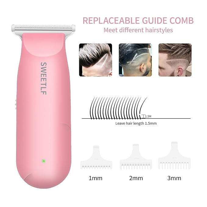 SweetLF Hair Clippers, Silent Cordless Hair Trimmer, Mini Hair Cutting Kit with 3 Guide Combs, Portable & USB Rechargeable Haircut Clippers for Men Women Kids (Pink)