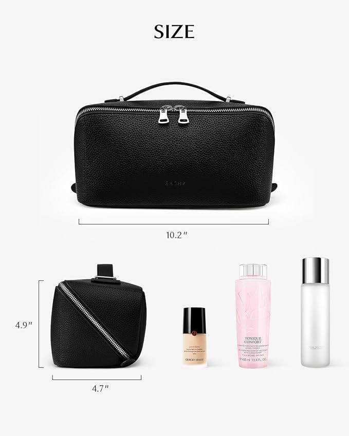 EACHY Travel Makeup Bag, Lychee Leather Large Capacity Cosmetic Bag for Women, Open Flat Toiletry Bag with TPU Brush Compartment, Waterproof Skincare Organizer Travel Essentials