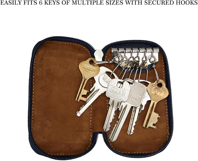 Adamis Full Grain Genuine Leather Keychain Holder Pouch, Key Case, Soft Strong and Compact Organizer and Wallet with Zip Closure for Extra Safety and 6 Key Holder Hooks in Wine