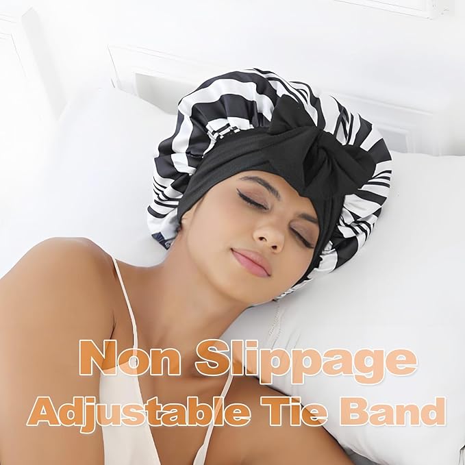 GDTOGRT Satin Silk Bonnet for Sleeping Women, Double Layer Sleep Hair Bonnets Caps for Curly Natural Hair with Tie Band -Black Stripe