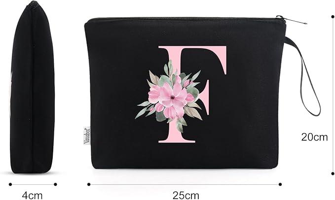 Vavabox A-Z Personalized Makeup Bag, Birthday Gifts for Women Mom, Gifts for Best Friend, Bride Bridesmaid Cosmetic bag (F, 02-Black)