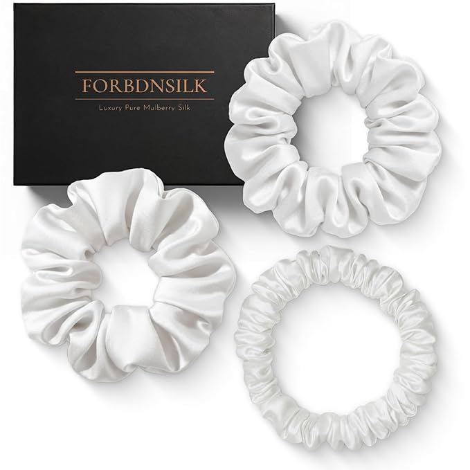 FORBDNSILK 100% Pure 22 Momme Mulberry Silk Scrunchies (Set of 3) | Highest grade (6A) Luxury Hair Ties| (Black,White,Pink) | (White, Standard/Small/Skinny)