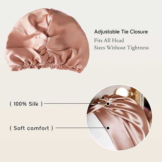 SYSERAN 100% Mulberry Silk Bonnet for Sleeping - Women Natural Curly Hair Night Cap Luxury Sleep Head Wrap with Elastic Band(Rose Gold)
