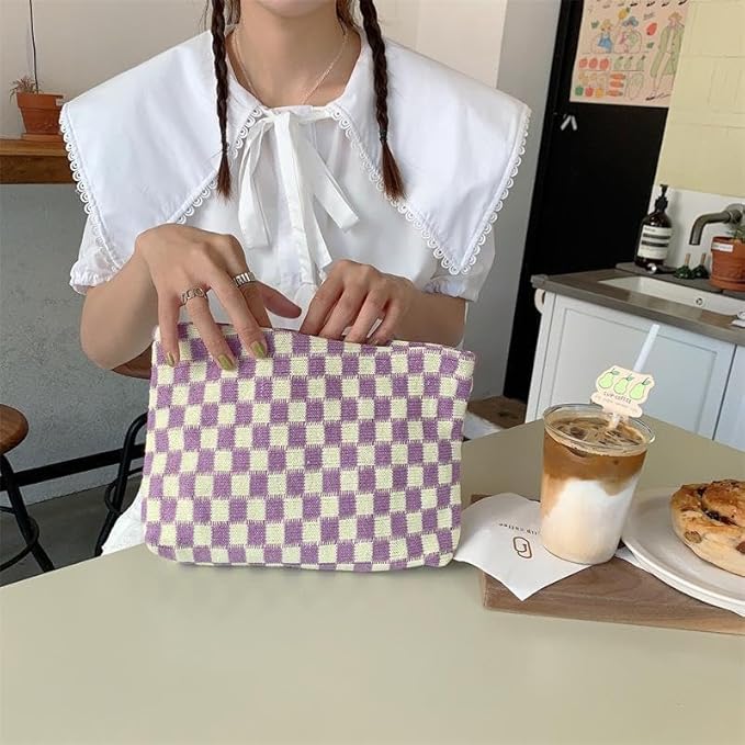 PAZIMIIK Checkered Makeup Bag for Purse, Small Flat Cosmetic Pouch,Purple