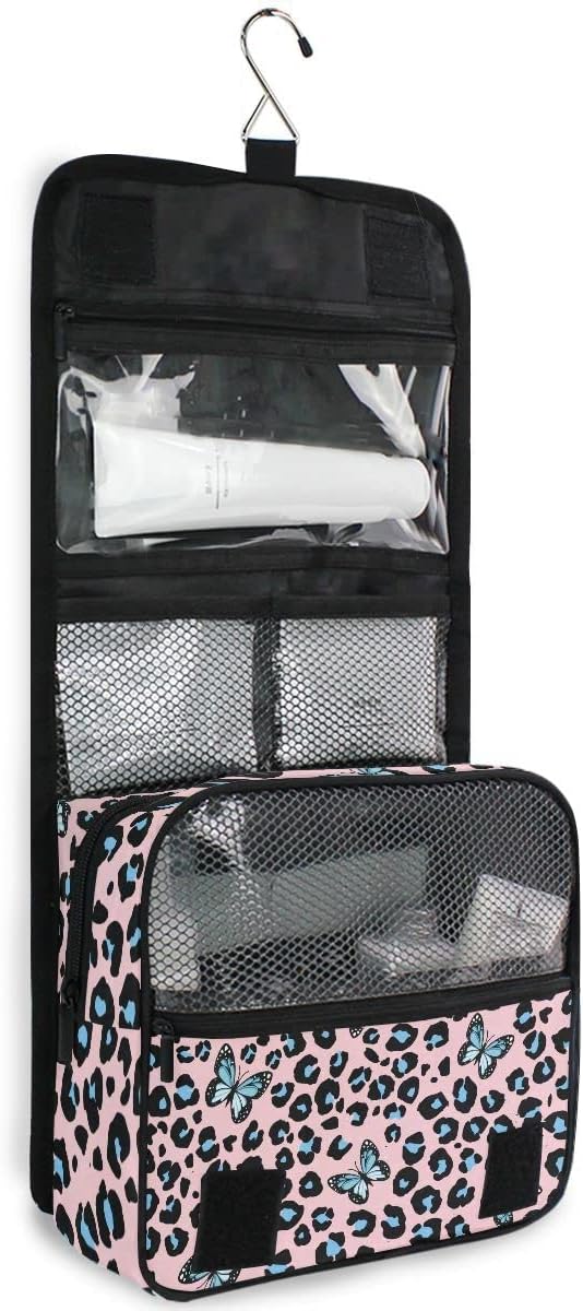 senya Hanging Travel Toiletry Bag Blue Butterfly Leopard Print Kit Makeup Case Cosmetics Organizer for Men Women 1.0 Fl Oz
