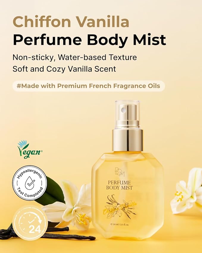 BOM Chiffon Vanilla Body Mist 3.71 Fl Oz, Vanilla Scented Fine Mist with Hyaluronic Acid, Niacinamide & Vitamin C, Hydrating, Lightweight, Korean Skincare