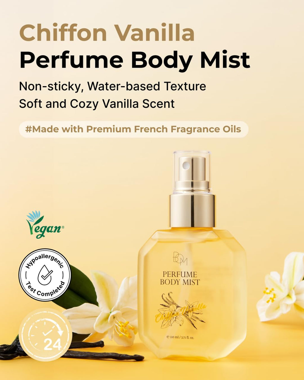 BOM Chiffon Vanilla Body Mist 3.71 Fl Oz, Vanilla Scented Fine Mist with Hyaluronic Acid, Niacinamide & Vitamin C, Hydrating, Lightweight, Korean Skincare