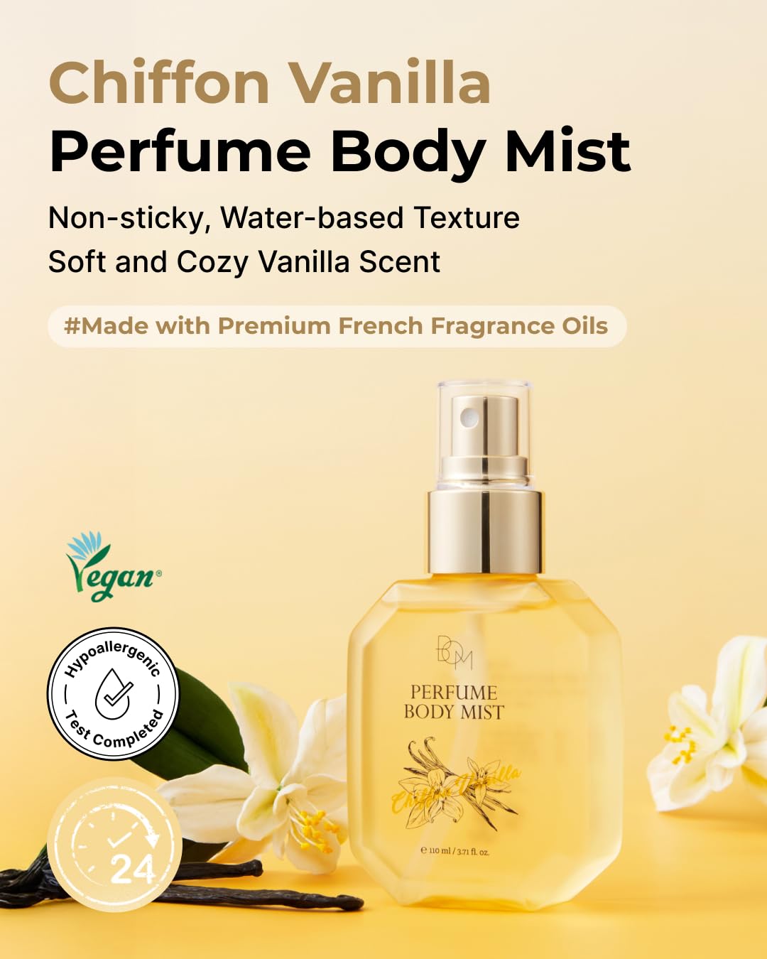 BOM Chiffon Vanilla Body Mist 3.71 Fl Oz, Vanilla Scented Fine Mist with Hyaluronic Acid, Niacinamide & Vitamin C, Hydrating, Lightweight, Korean Skincare