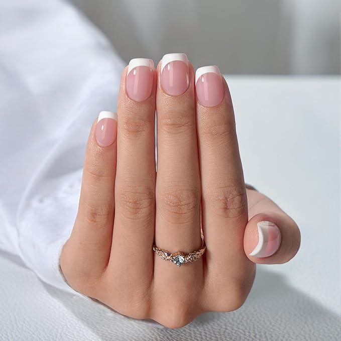 BTArtbox Press On Nails, Silken Halo, Short Square, White French Tip, 32Ct