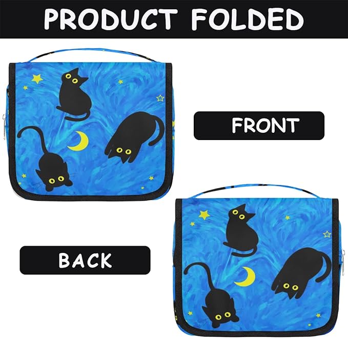 OMFUNS Cute Cat Travel Toiletry Bag with Hanging Hook for Women and Girls, DeepSkyBlue Cosmetic Makeup Case Organizer for Accessories, Shampoo, Full Sized Container, Toiletries
