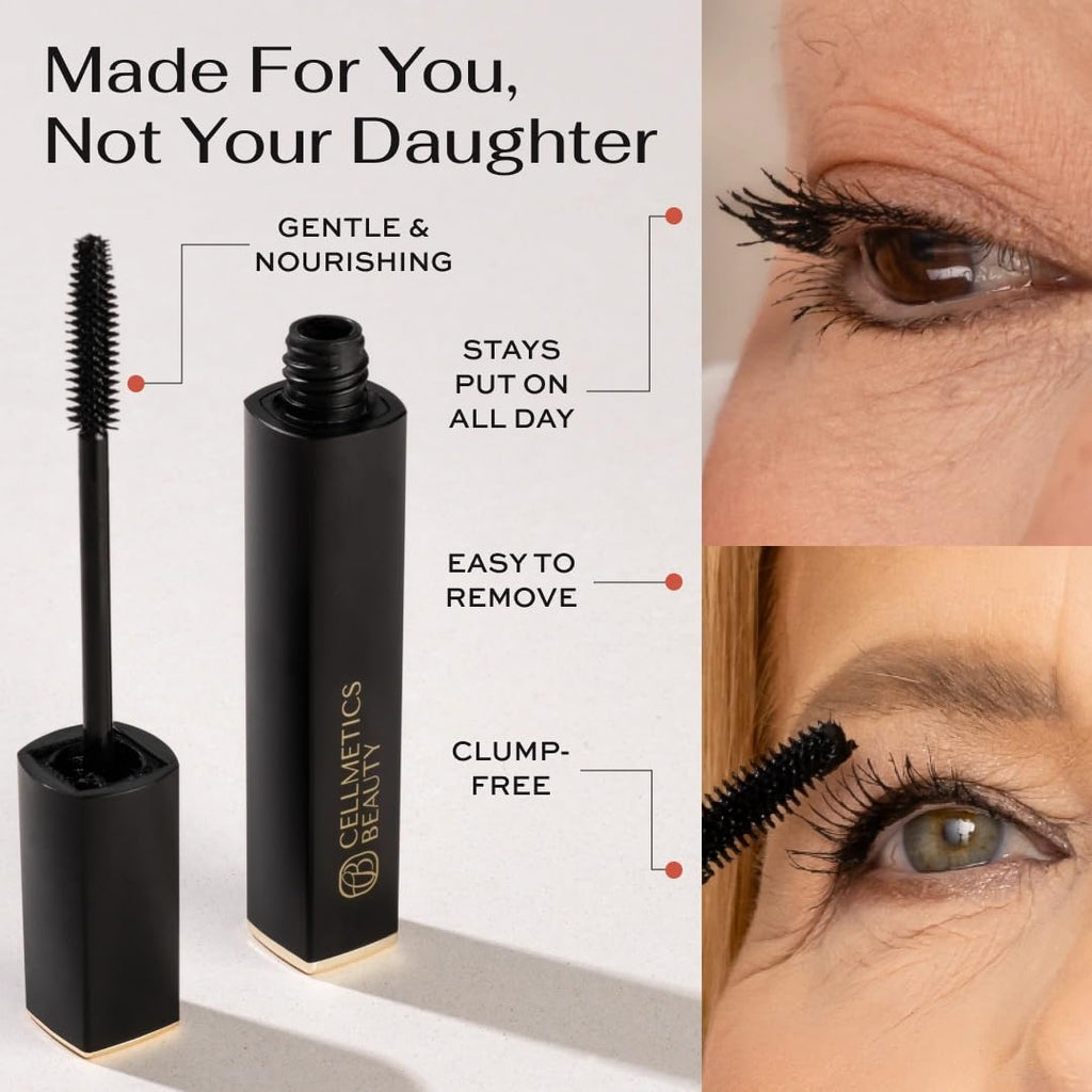 Cellmetics Mascara for Older Women 60 Plus, Volumizing & Lengthening Mascara with Lash Growth Effect, Hypoallergenic, Smudge-Free and Gentle for Sensitive Eyes ((02) Brown)