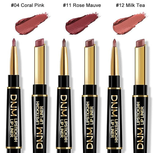 3Pcs Coral Pink, Milk Tea, Rose Mauve Lip Liner and Lipstick Set – Chestnut Nude Brown Double-Ended 2-in-1 Lip Liner and Matte Lipstick Combo, 24-Hour Wear Non-Drying, Lightweight, lapiz de labios