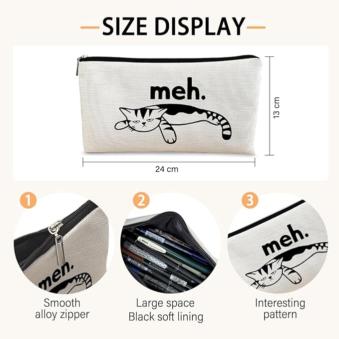 BARPERY Cat Meh Makeup Bag - Funny Sarcastic Cosmetic Zipper Travel Toiletry Bag for Cat Lovers, Teen Girls, Women Idea
