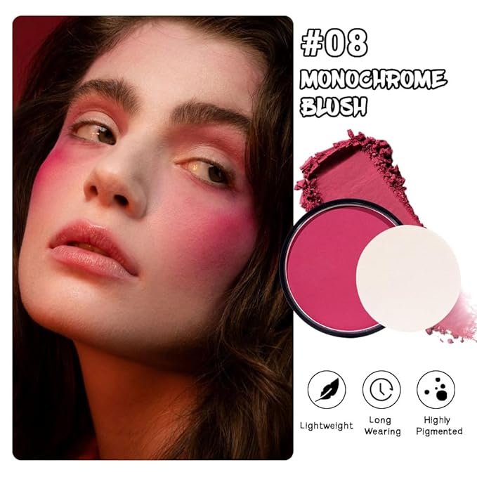HHLTOH Natural Single Matte for Face Cheeks Blush with Makeup Powder Puff,Bright Red Monochrome Blusher Cream Powder Makeup Palette Blush Long-lasting Color Blendable Foundation for Women Every Day 08