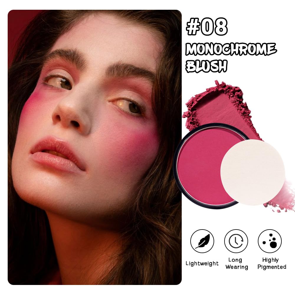 HHLTOH Natural Single Matte for Face Cheeks Blush with Makeup Powder Puff,Bright Red Monochrome Blusher Cream Powder Makeup Palette Blush Long-lasting Color Blendable Foundation for Women Every Day 08