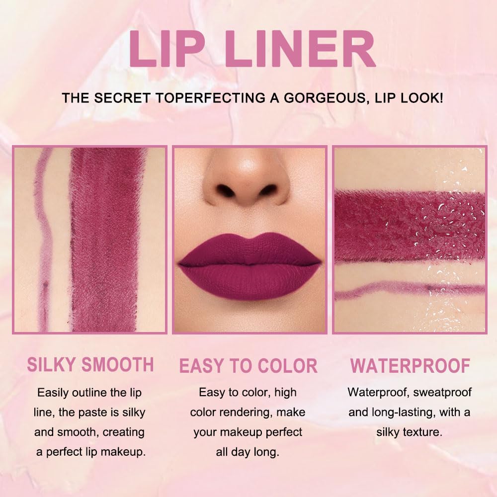 HHLTOH 2-in-1 Plum Purple Lip Liner & Lipstick Set Kit for Women, Matte Lips Kit with Lip Liner Lip Stains Long Lasting Waterproof 24 Hour Lipstick and Lip Liners Combo Lipliners Pencil Set 05