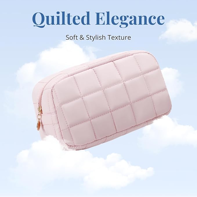 LOVELYWIND Makeup Bag, Quilted Puffy Travel Toiletry Bag with Compartments, Wide-Open Cosmetic Bag for Women, Pouch Purse Organizer, Pink
