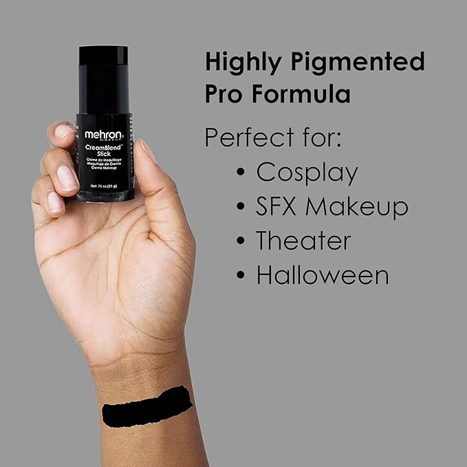 Mehron Makeup CreamBlend Stick | Face Paint, Body Paint, & Foundation Cream Makeup | Perfect for Halloween.75 oz (21 g) (Black) | Made in the USA
