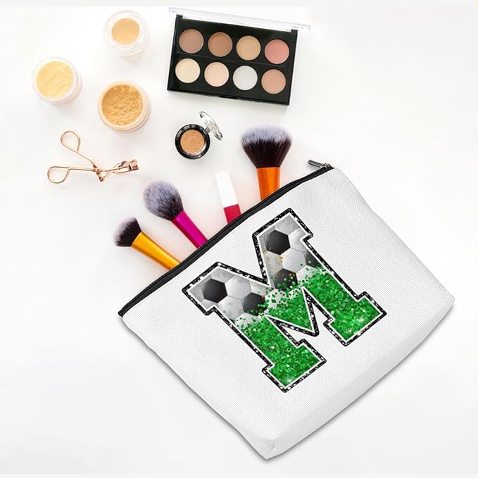 CQM Soccer Gifts Initial Makeup Bag Soccer Girl Gifts Cosmetic Bag Letter M