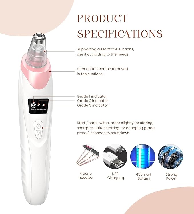2026 Blackhead Remover Pore Vacuum,Facial Pore Cleaner-5 Suction Power,5 Probes,USB Rechargeable Blackhead Vacuum Kit Electric Pore Vacuum Tool for Adult