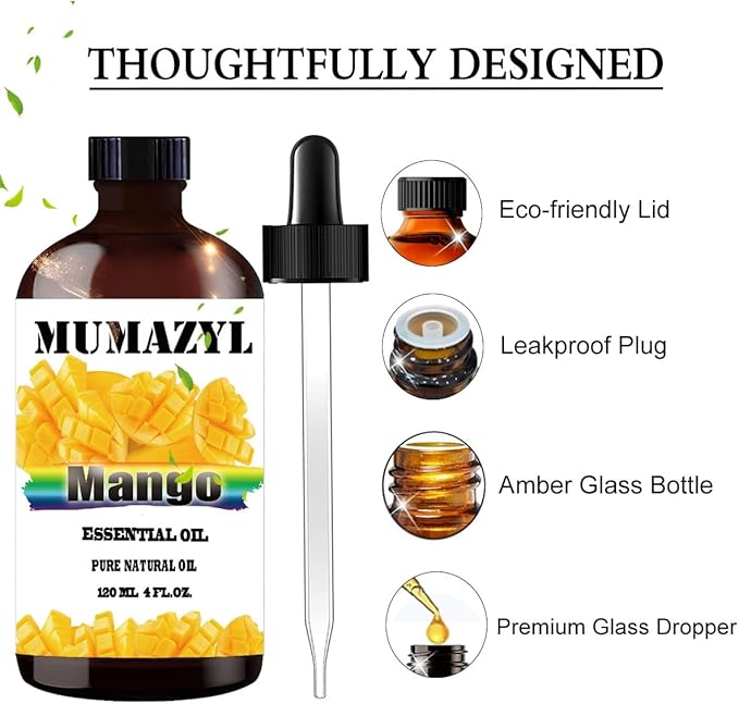 Mango Essential Oil, Mango Oil 4 Fl Oz 120ML for Diffuser Humidifier Yoga Cleaning DIY Candle Soap Making MUMAZYL Essential Oils