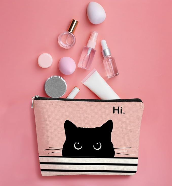 BARPERY Cute Cat Makeup Bag - Black & Pink, Small Cosmetic Bag for Women & Girls, Birthday Gift for Cat Lovers & Owners