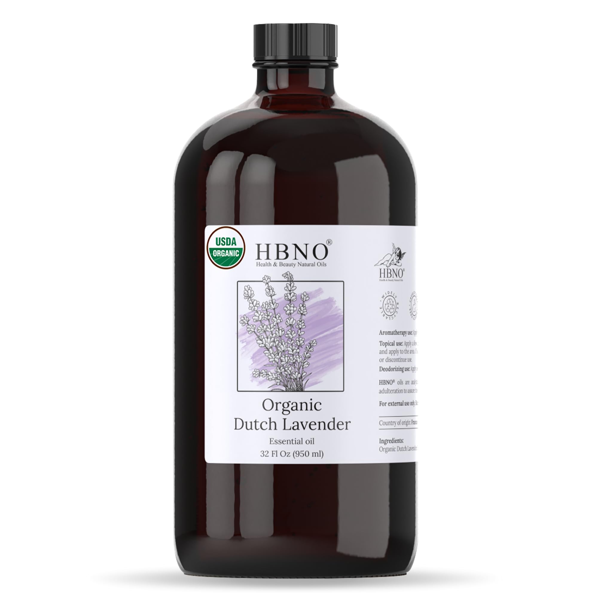 HBNO Organic Lavender Dutch Oil - 32 oz (950 ml) Large Size - Ideal for Shampoos, Conditioners, Mouth Washes, Face wash, Lotions, and Skin Care Products (Glass Bottle).