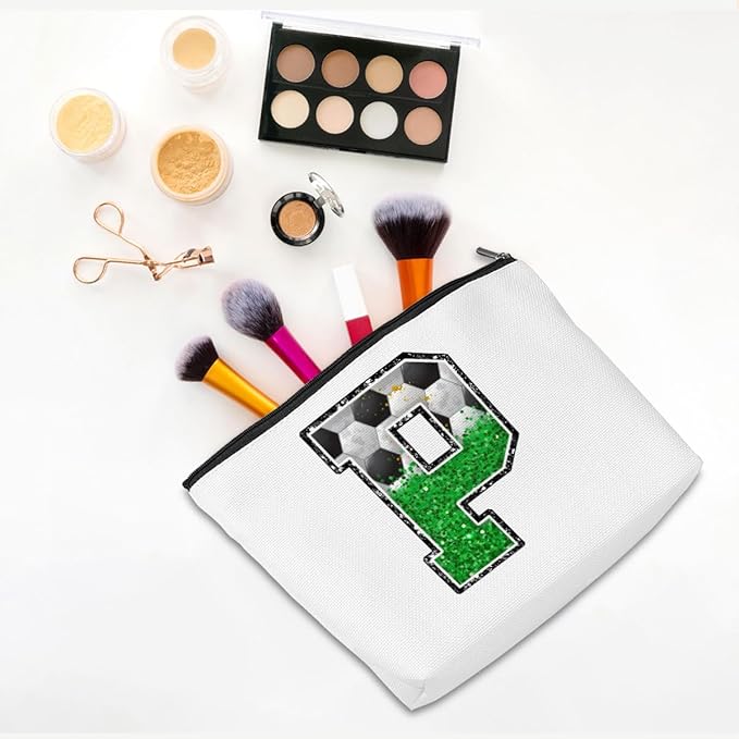 CQM Soccer Gifts Initial Makeup Bag Soccer Girl Gifts Cosmetic Bag Letter P