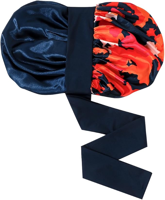 GDTOGRT Satin Silk Bonnet for Sleeping Women, Double Layer Sleep Hair Bonnets Caps for Curly Natural Hair with Tie Band - Blue-Mix
