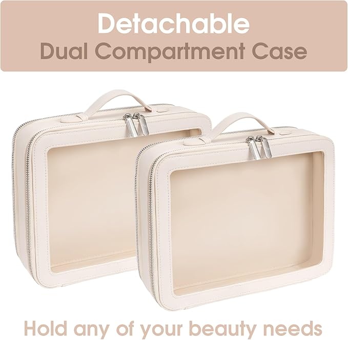 idoltimes Clear Makeup Bag,Large Toiletry Case for Women,PU Leather Travel Cosmetic Bag,Detachable Makeup Case,Double Compartment Make up Organizer