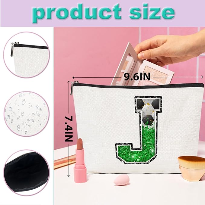 CQM Soccer Gifts Initial Makeup Bag Soccer Girl Gifts Cosmetic Bag Letter J