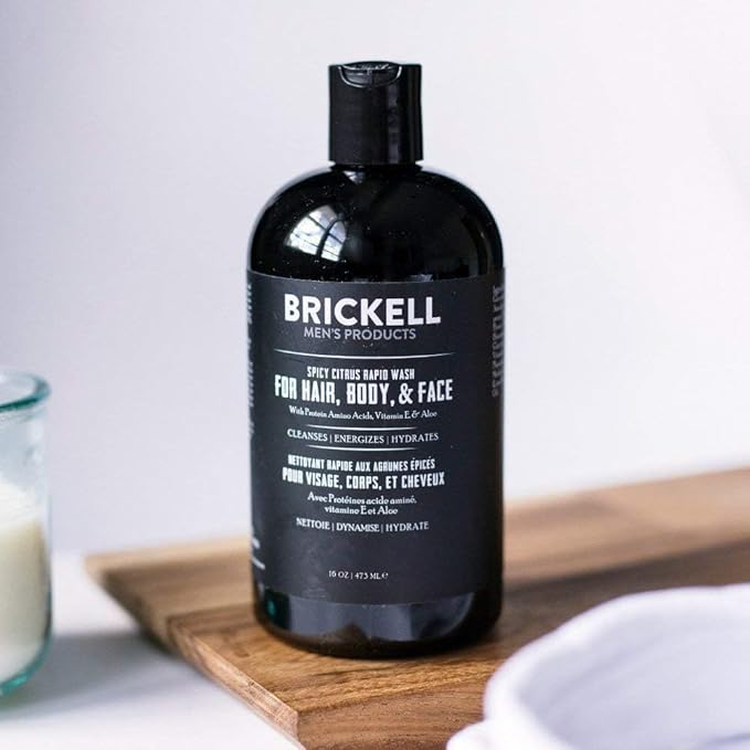 Brickell Men's Rapid Wash, 3 in 1 Body Wash Gel for Men, With Aloe, Vitamin E, and Jojoba Oil, 16 Ounce, Spicy Citrus Scent