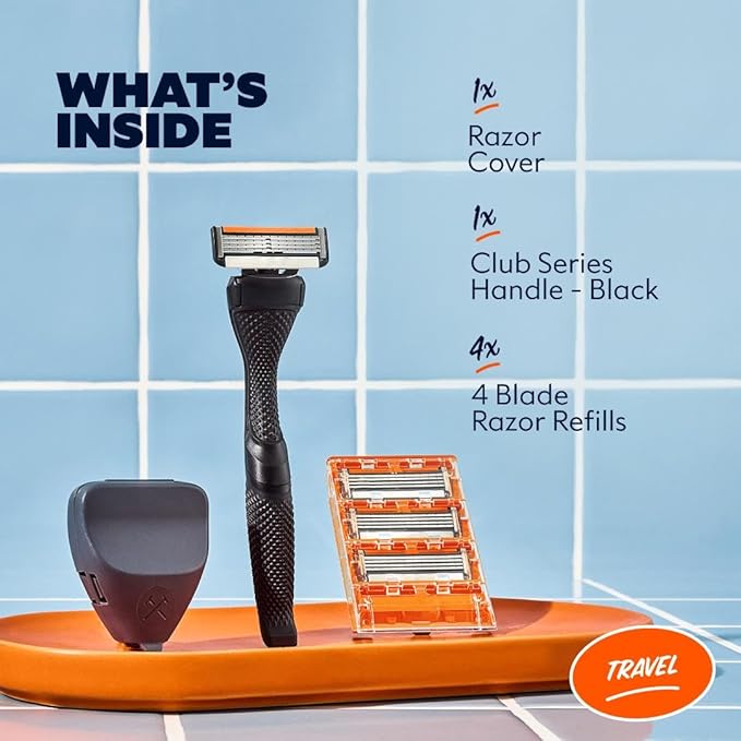 Dollar Shave Club | Travel Shave Set | 4 Swift Rinse Refill Cartridges, 1 Handle (Black), 1 Razor Cover