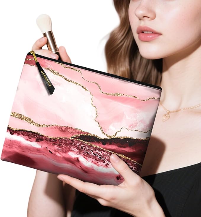 GEGEPINK Cute Makeup Bag for Purse Waterproof Cosmetic Bags for Women Funny Smooth Zipper Travel Toiletry Pouch 10X8 Inches-Pink Marble Makeup pouch