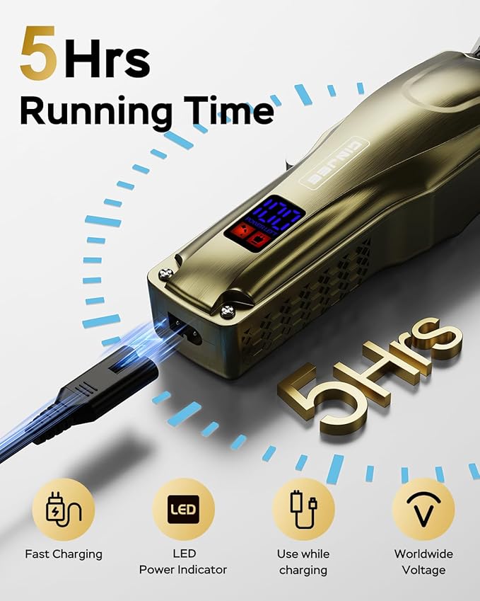 GinJee Hair Clippers for Men, Cordless & Corded Barber Clipper with 5Hrs Runtime, 7000RPM Rotary Motor & LED Display, Waterproof Professional Hair Cutting Kit for Men and Home Use (Gold)