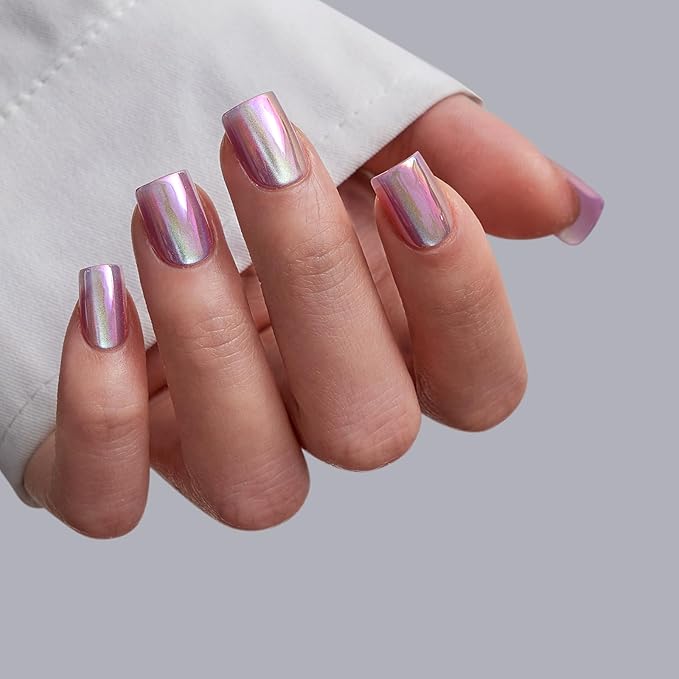 BTArtbox Press On Nails, Glass Ocean, Short Square, Chrome Cat Eye, 32Ct
